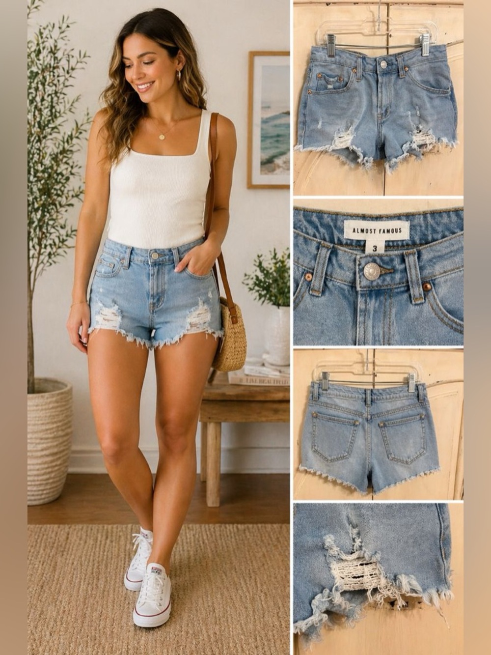 Almost Famous Distressed Denim Cutoff Shorts Size 3 Light Wash Frayed Hem